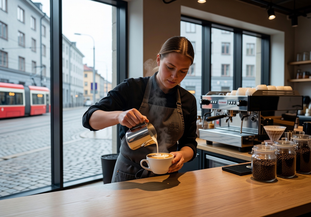 Artisan coffee preparation with barista pouring latte art in a modern Helsinki café