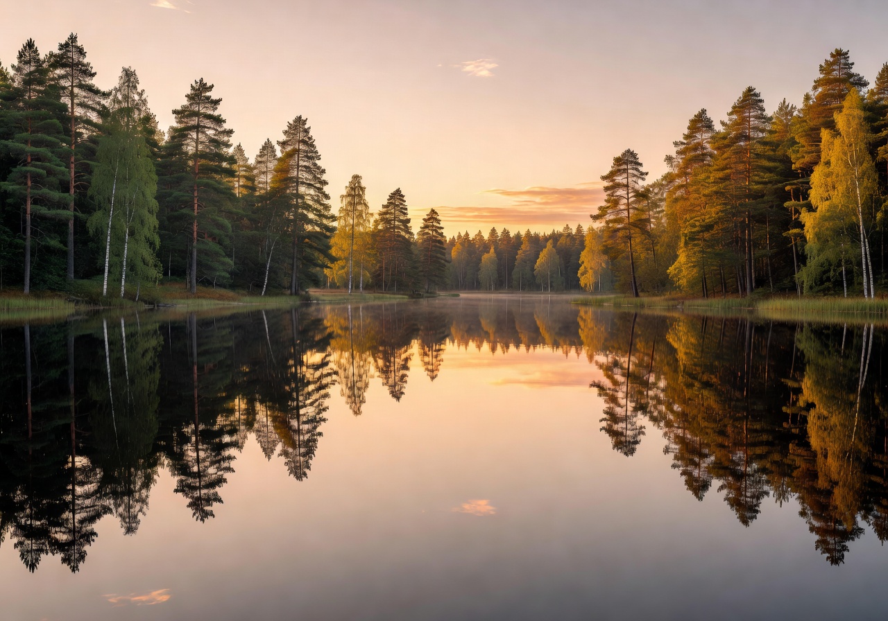 Beautiful Finnish lake landscape at golden hour with forests reflecting on calm water surface