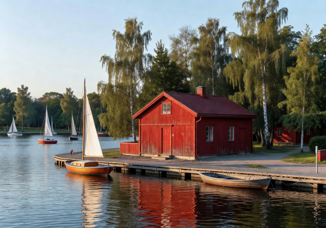 Café Regatta red wooden café building beside Helsinki waterfront with boats and trees