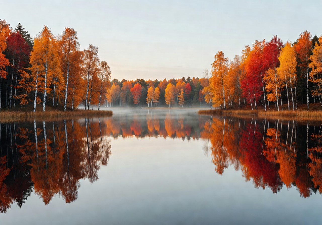 Calm Finnish lake surrounded by autumn-colored birch trees and reflections on still water