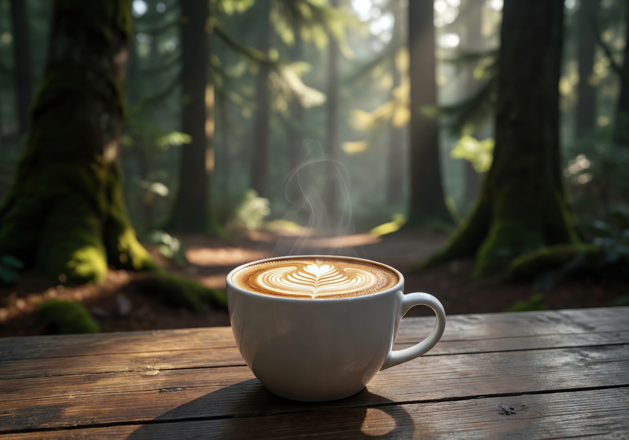 Coffee cup with latte art on a wooden table with forest view in the background
