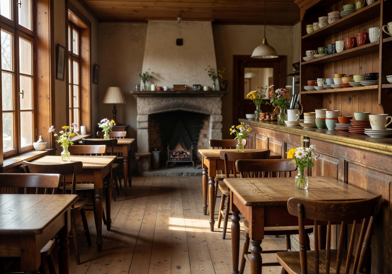 Cozy vintage café interior with warm wooden furnishings and natural light in Porvoo