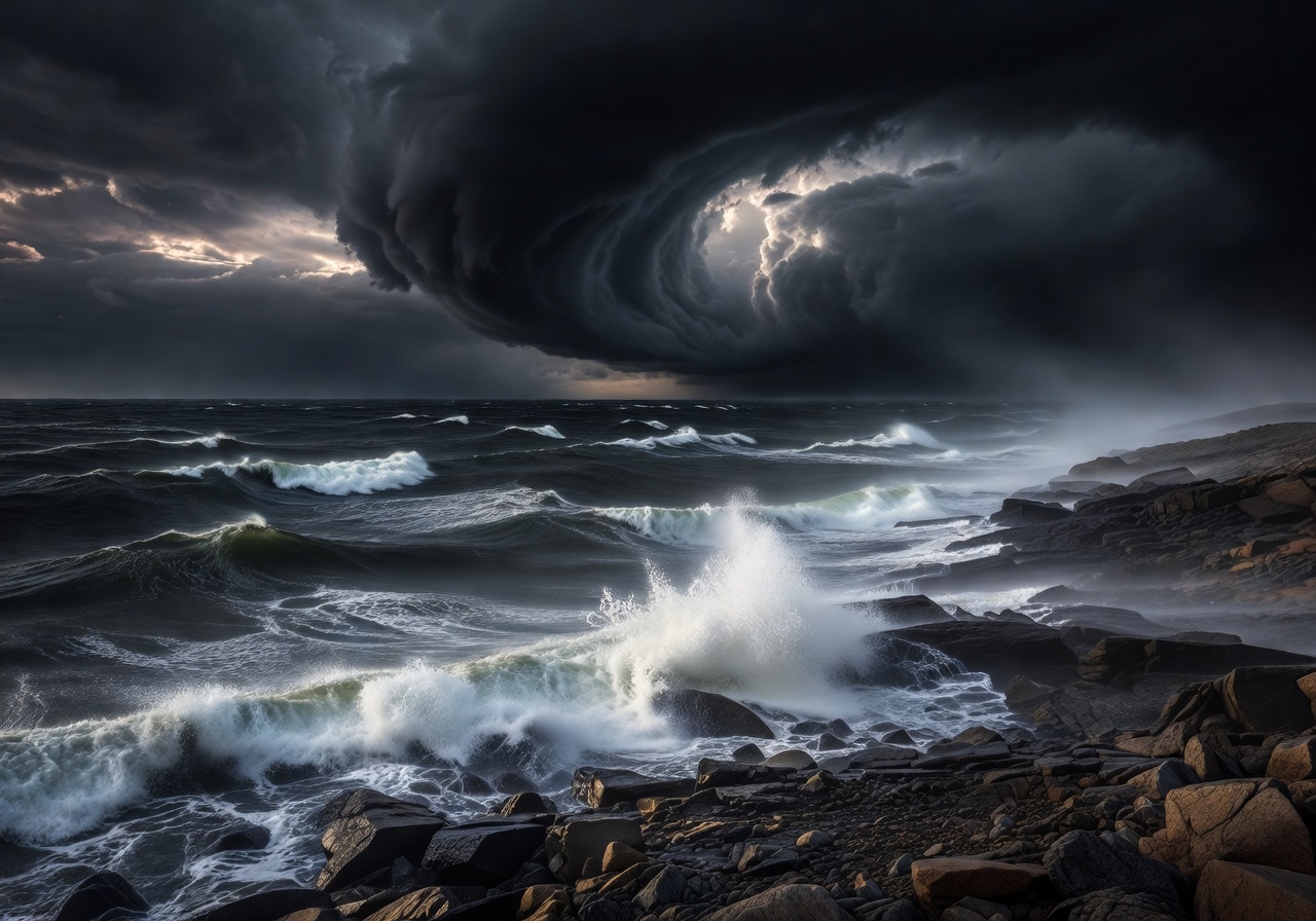 Dramatic Finnish seaside with rocky shore and stormy clouds over Baltic Sea
