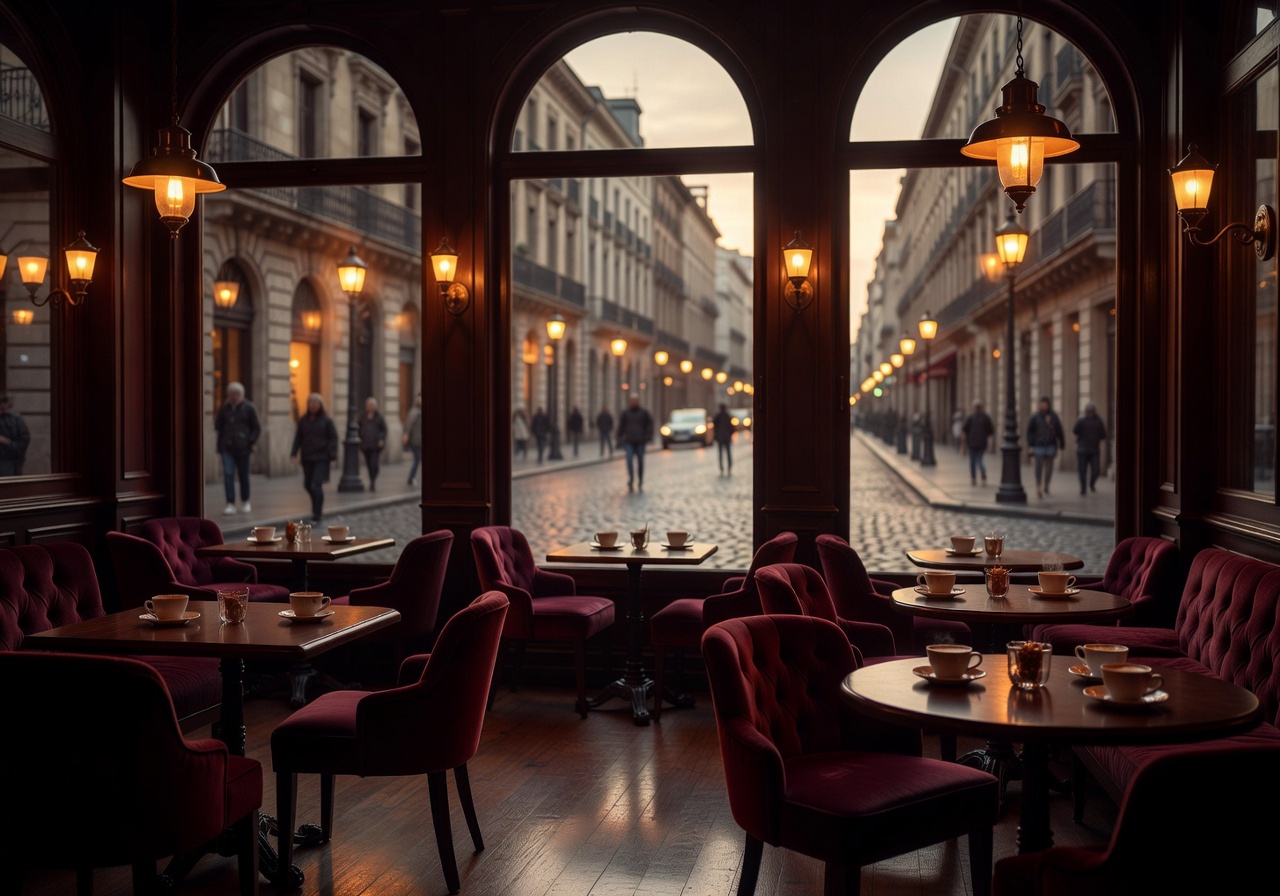 Elegant city café interior with warm lighting and boulevard views through large windows