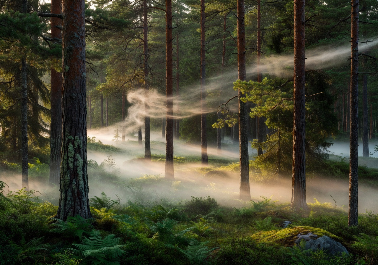 Finnish forest landscape with tall pine trees and morning mist among green foliage