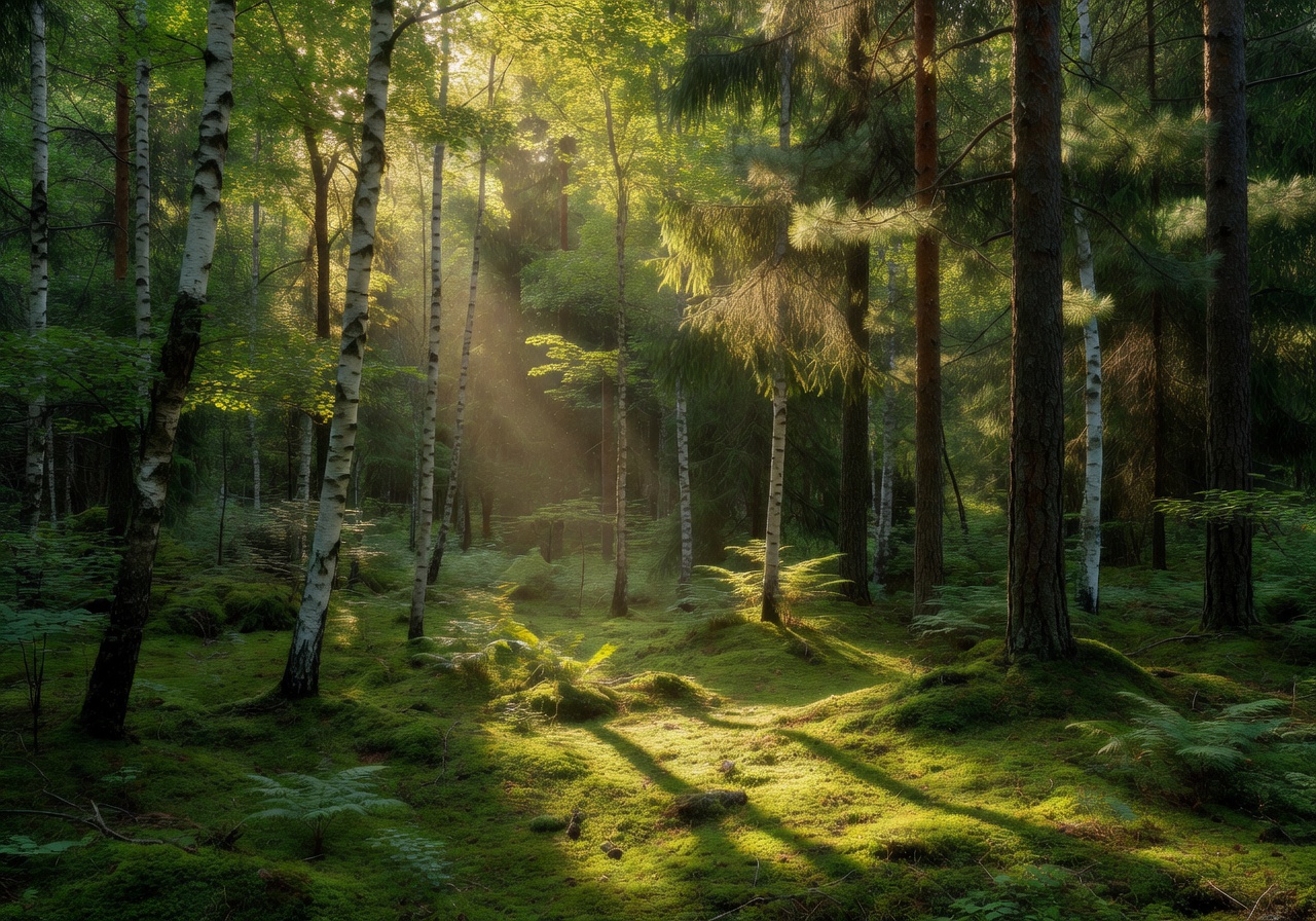 Lush green Finnish forest with sunlight streaming through canopy of birch and pine trees