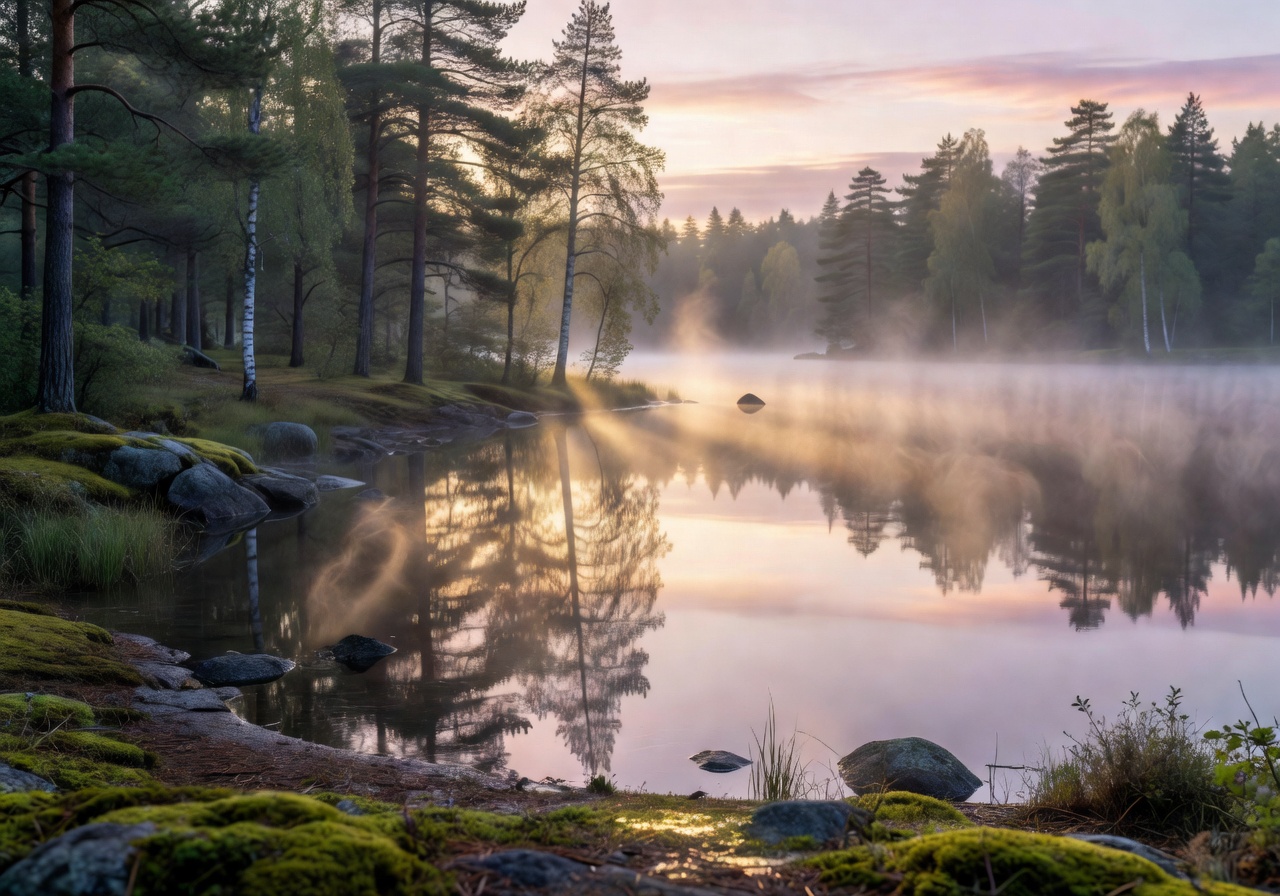 Misty lakeside morning in Finland with soft sunlight filtering through trees