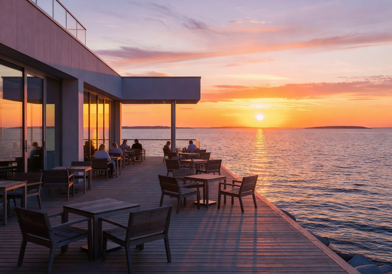 Modern seaside café terrace with panoramic ocean view at sunset in Helsinki