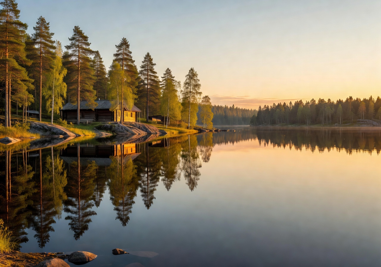Peaceful Finnish lakeside scene with warm golden light reflected on calm water