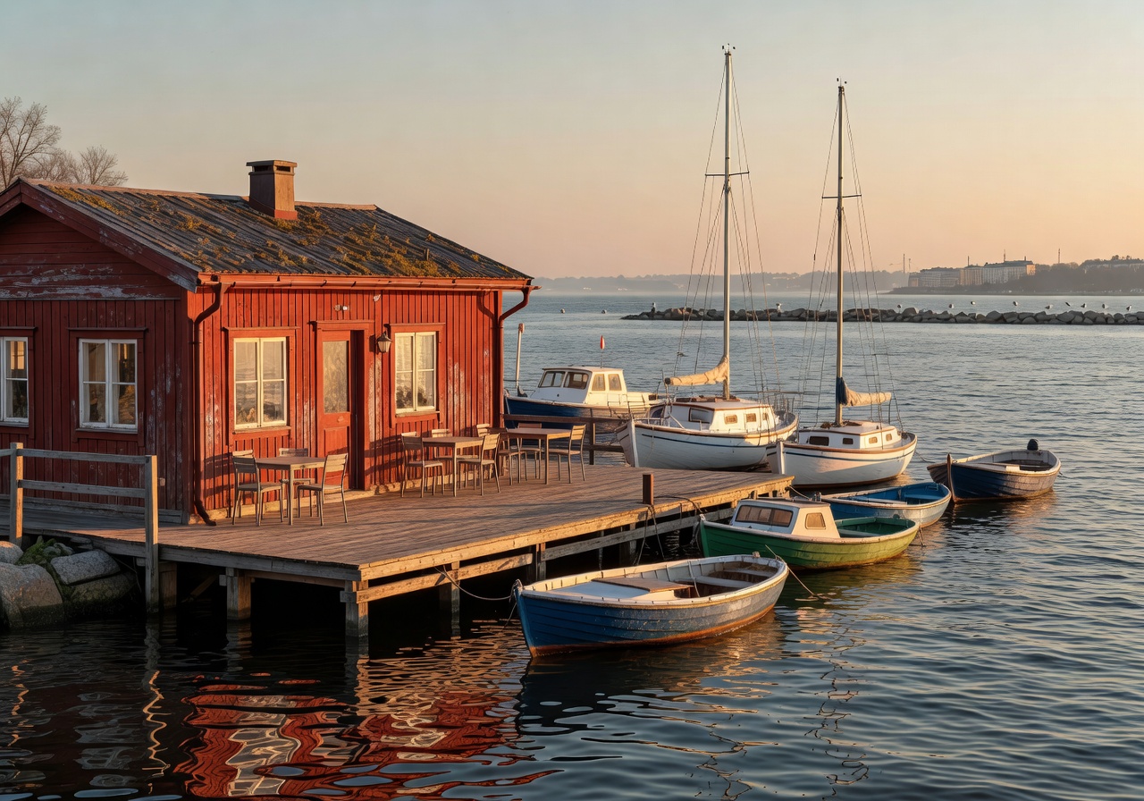 Red wooden seaside café with boats moored at Helsinki waterfront