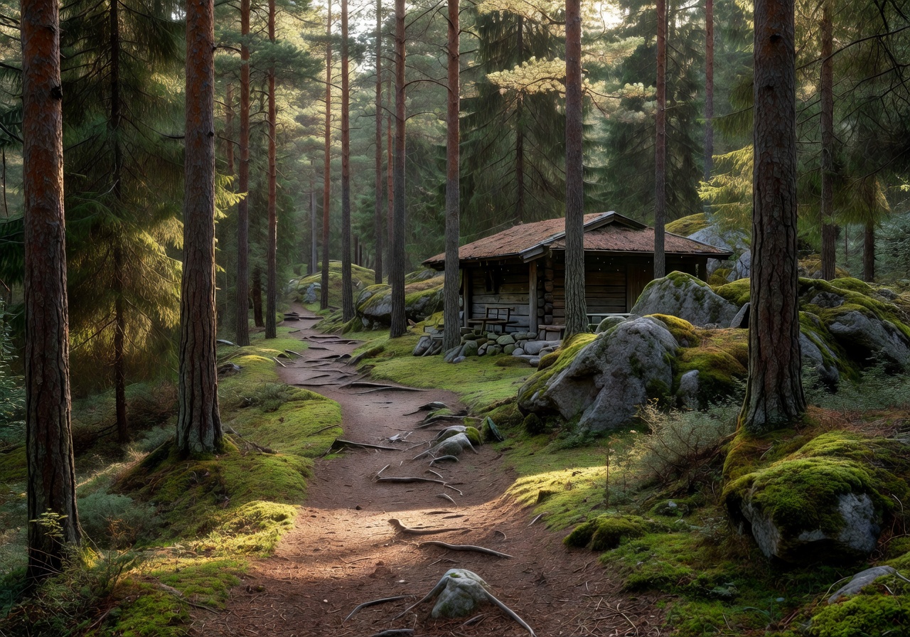 Rustic forest trail in Finland leading to a hidden café among tall pines and mossy rocks