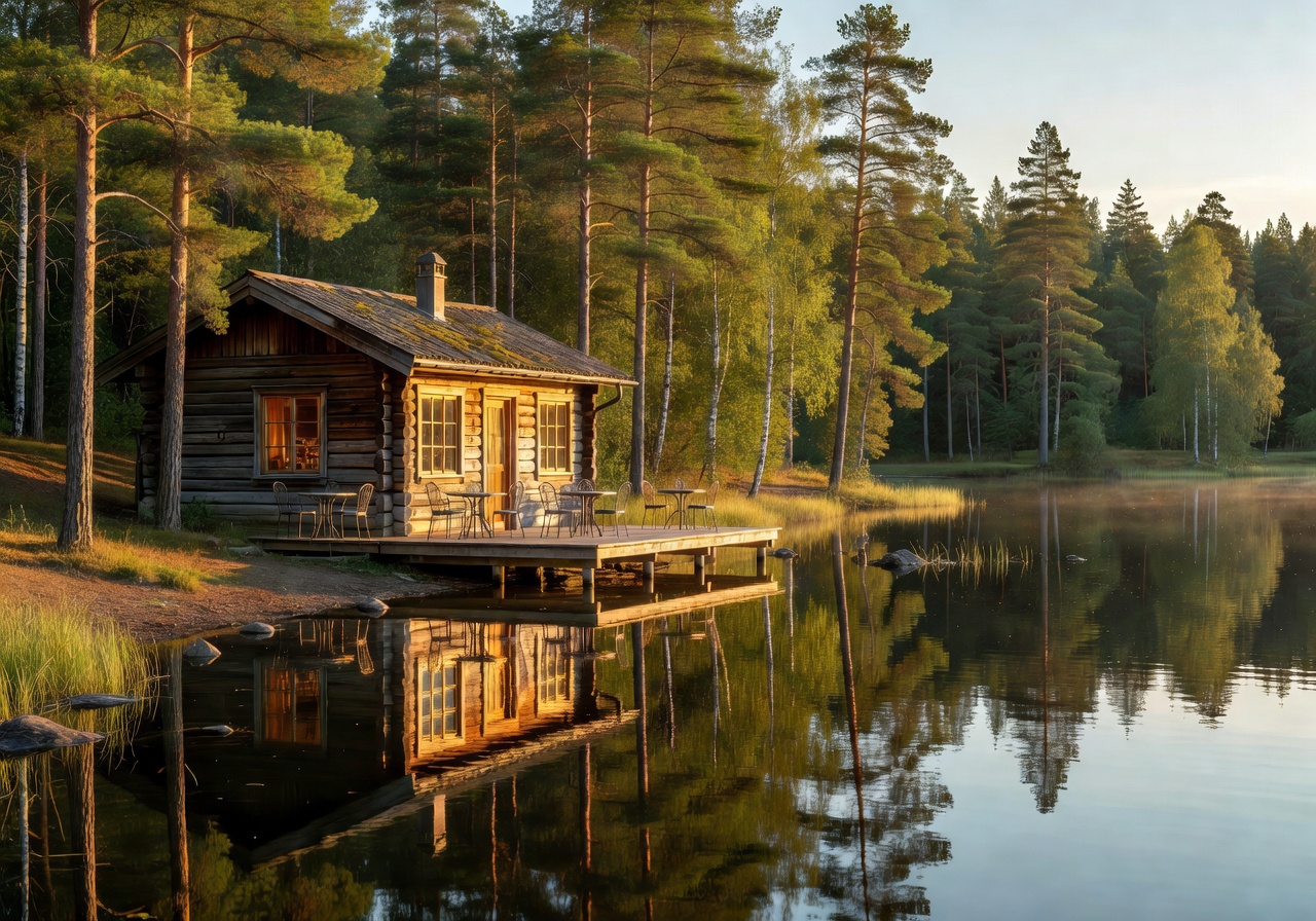 Scenic Finnish lakeside café surrounded by forest and calm water at golden hour