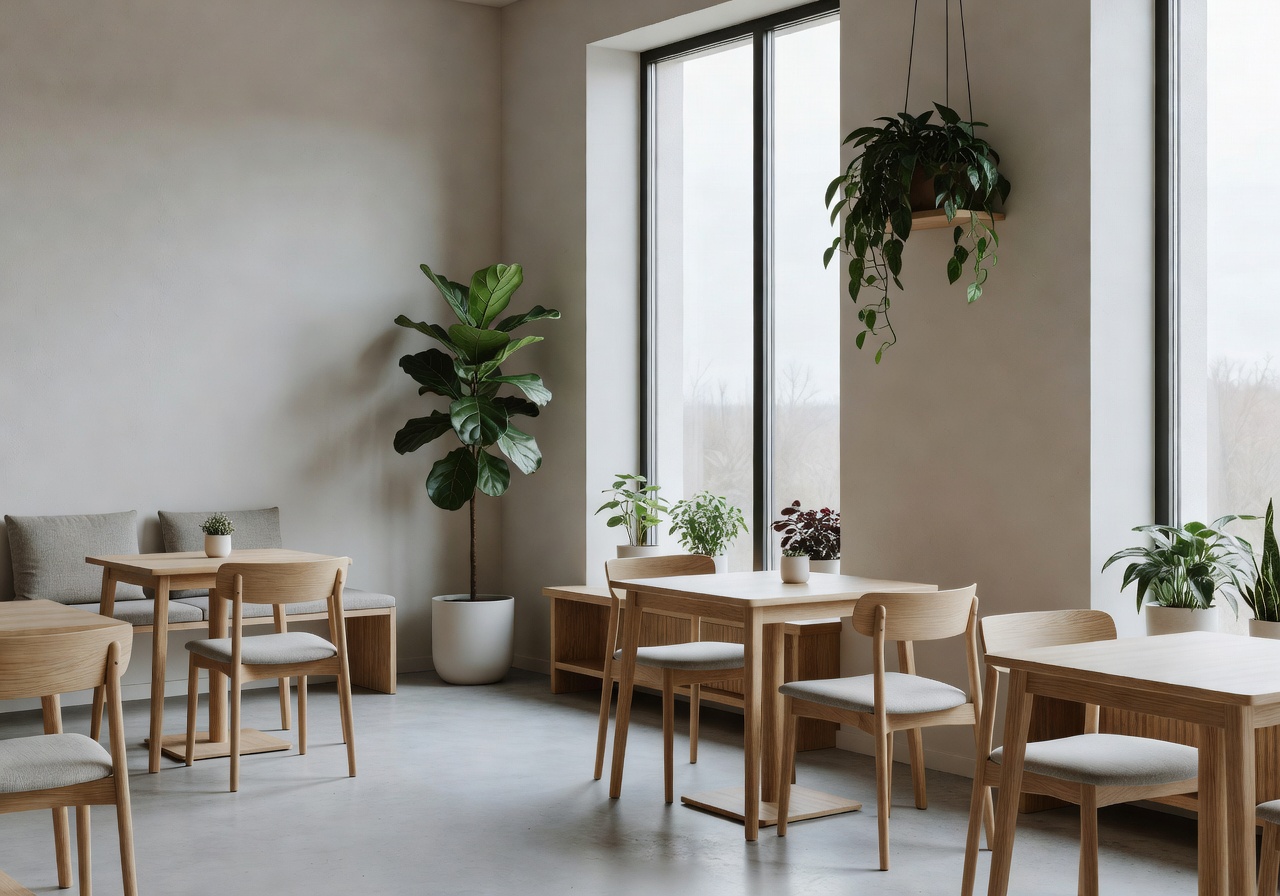 Stylish Nordic café with minimalist design, indoor plants, and large windows