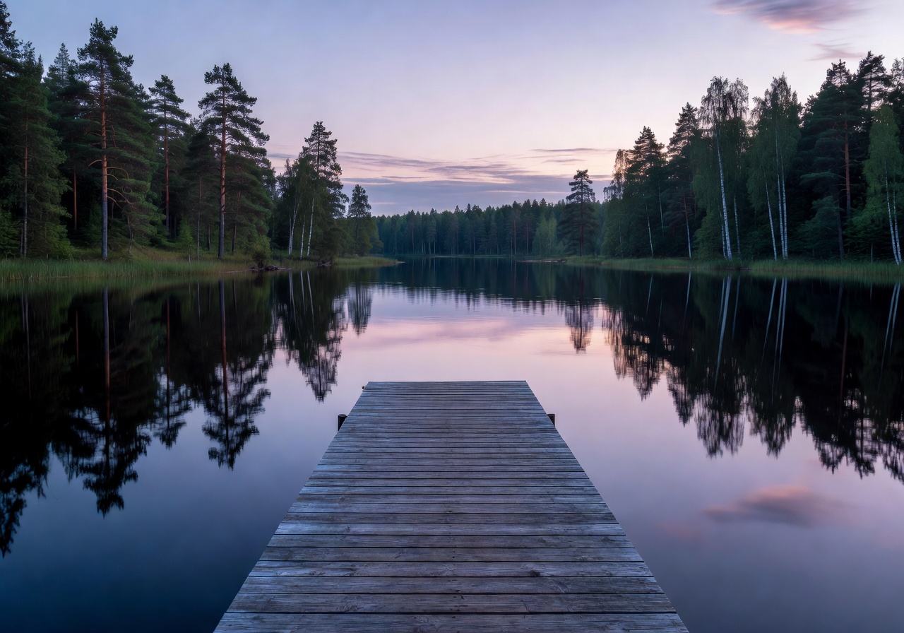 Wooden dock extending into a calm Finnish lake surrounded by forest at twilight